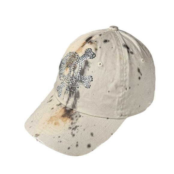 Lunada Bay Rhinestone Scull & Bone Cap Beige Distressed Tie Dye Grunge Punk Y2K - Picture 2 of 8